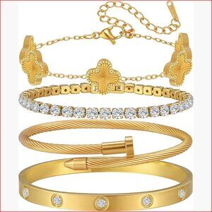18K Gold Plated Stackable Bangle Bracelet Set, 4 Piece Jewelry